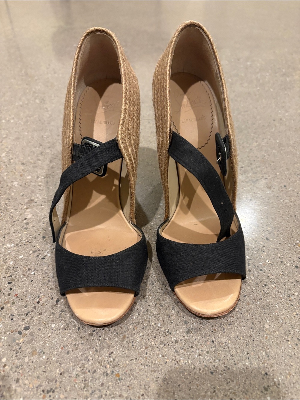 Christian Louboutin Black Canvas and Natural Woven Espadrille Wedges